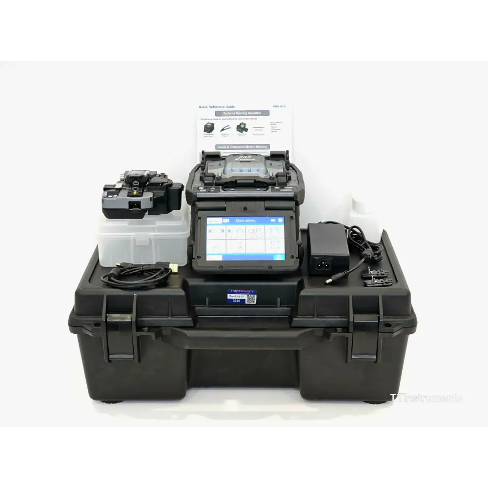 Fujikura 68S fusion splicer front view showing 5-inch colour touchscreen and wind protector