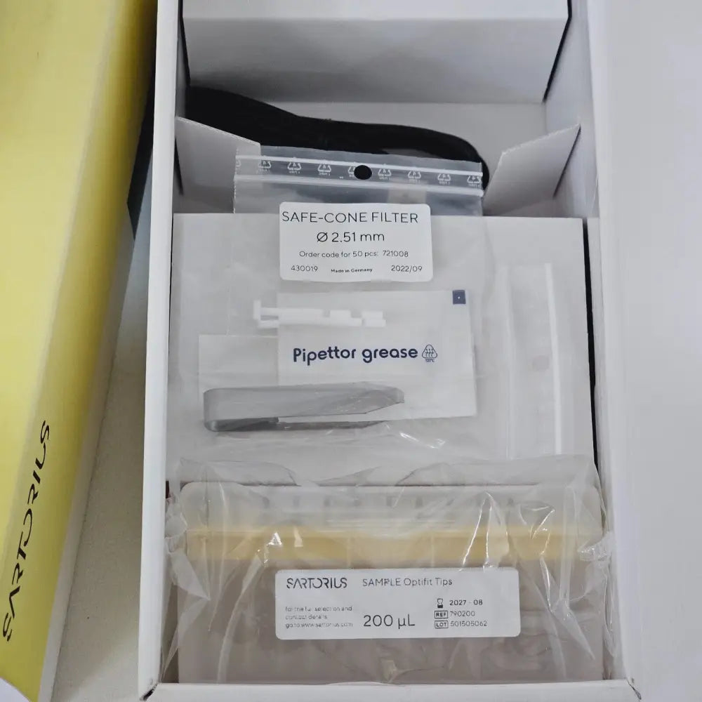 Sartorius Picus NXT electronic pipette shown alongside original retail box packaging