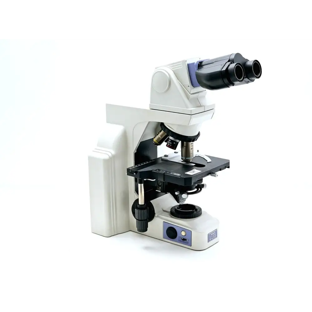 Nikon Eclipse E400 upright biological microscope front view showing body, stage and nosepiece