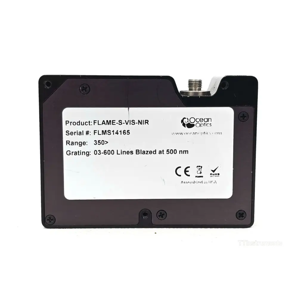Ocean Optics Flame-S-VIS-NIR spectrometer side profile highlighting compact 88.9 x 63.5 x 31.9 mm form factor