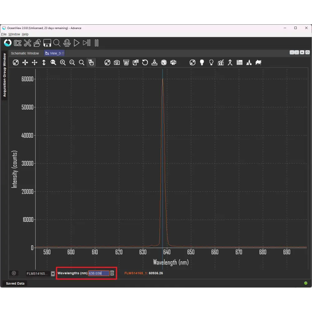 OceanView software screenshot showing Flame-S-VIS-NIR spectral output peak at 635 nm laser wavelength