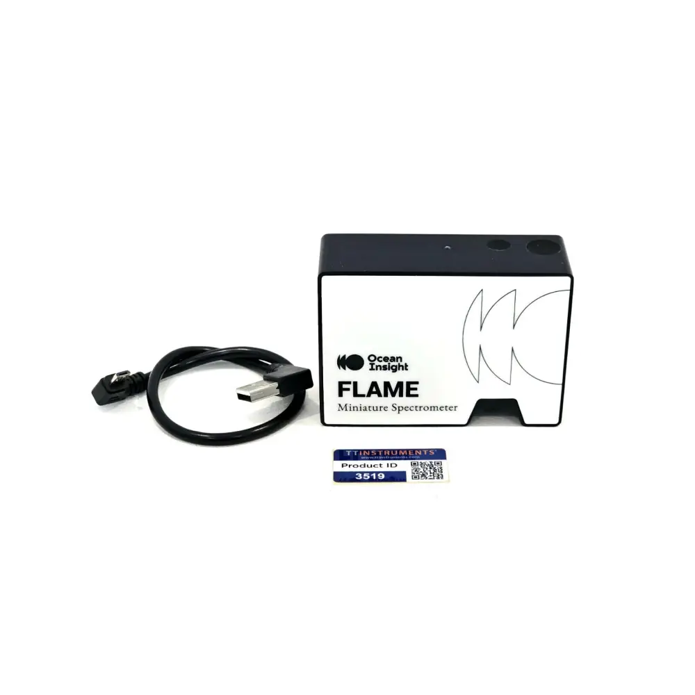 Ocean Optics Flame-S-VIS-NIR miniature spectrometer front view showing SMA 905 fibre input and LED indicators