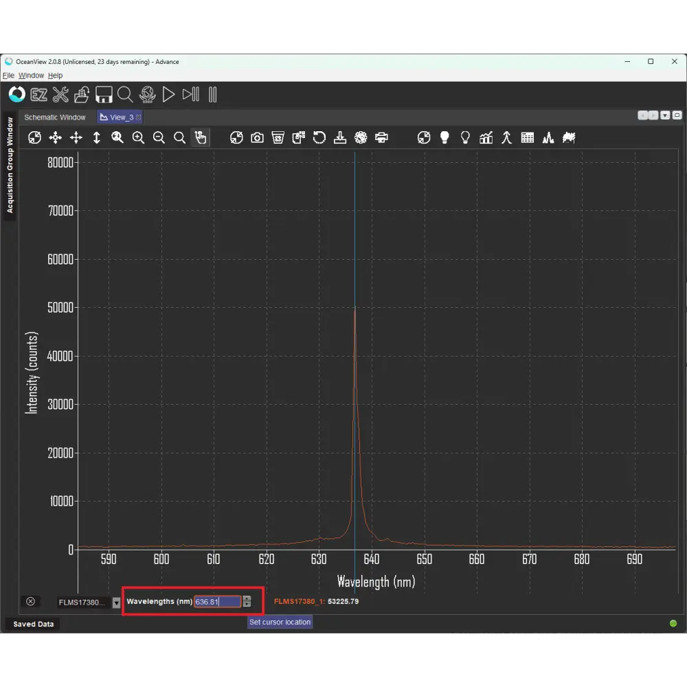 OceanView software screenshot displaying 635 nm laser peak spectrum acquired with Flame-S-VIS-NIR