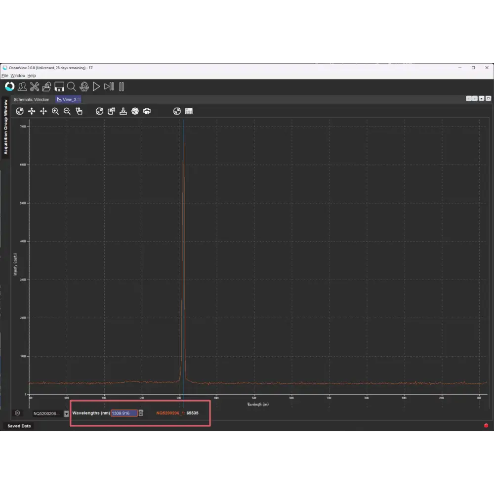 NIRQuest NQ512-2.2 OceanView software screen showing clean spectral peak at 1310 nm laser source