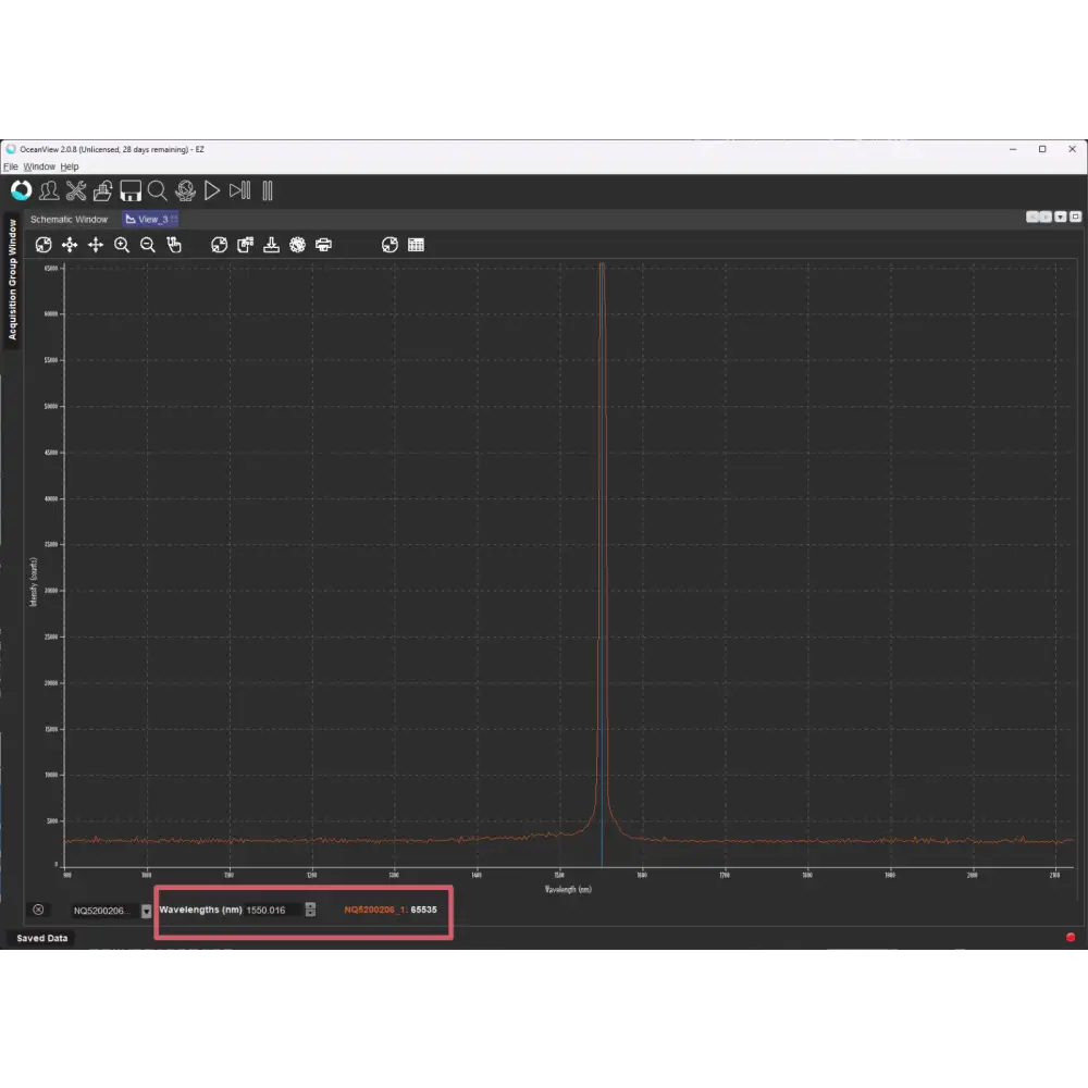 NIRQuest NQ512-2.2 OceanView software screen showing clean spectral peak at 1550 nm laser source