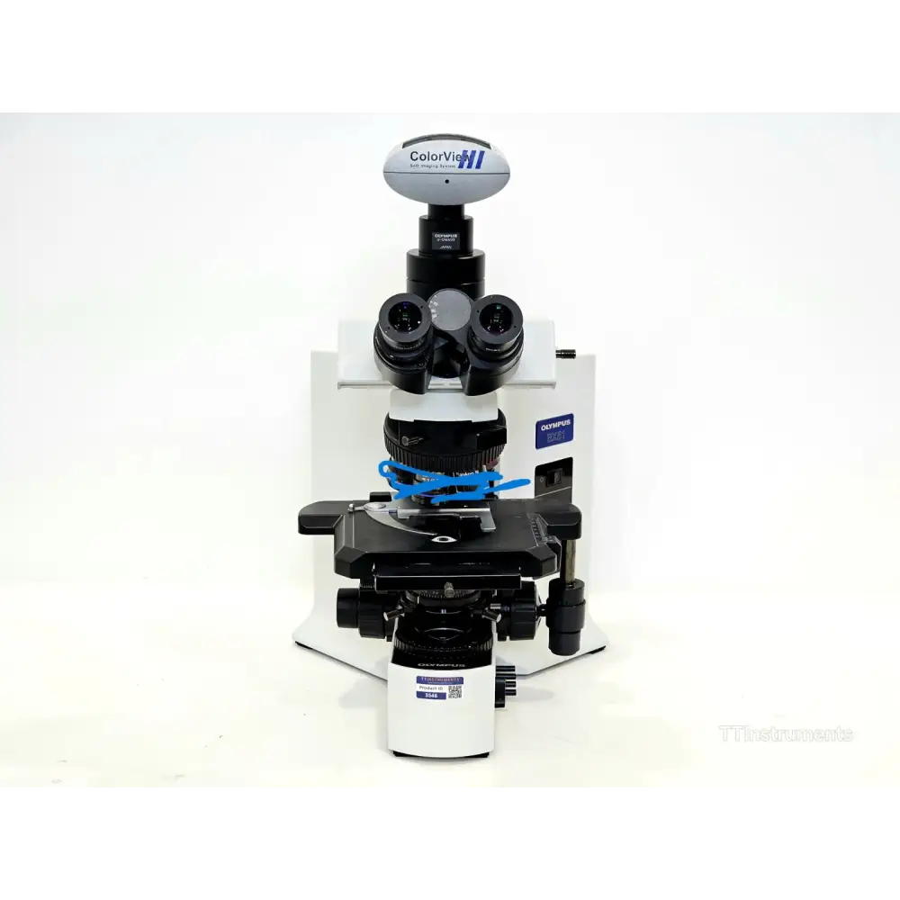 Olympus BX51TF upright microscope front-three-quarter view showing full instrument profile