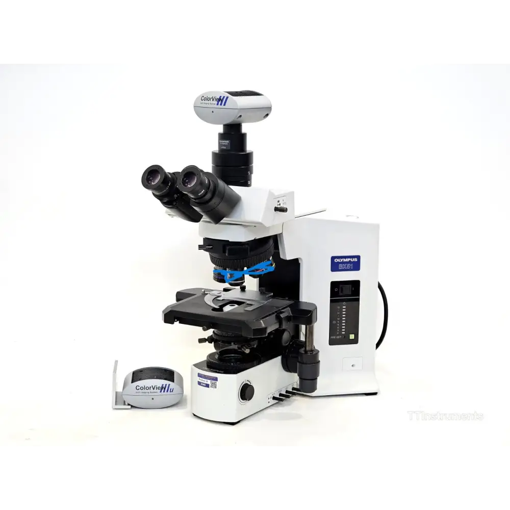 Olympus BX51TF upright research microscope with trinocular head and halogen illumination, front view