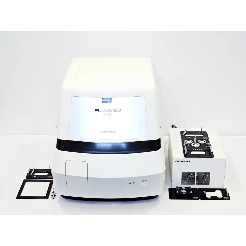 Olympus FLUOVIEW FV10i confocal microscope system front view with PSU, external module, and specimen holders