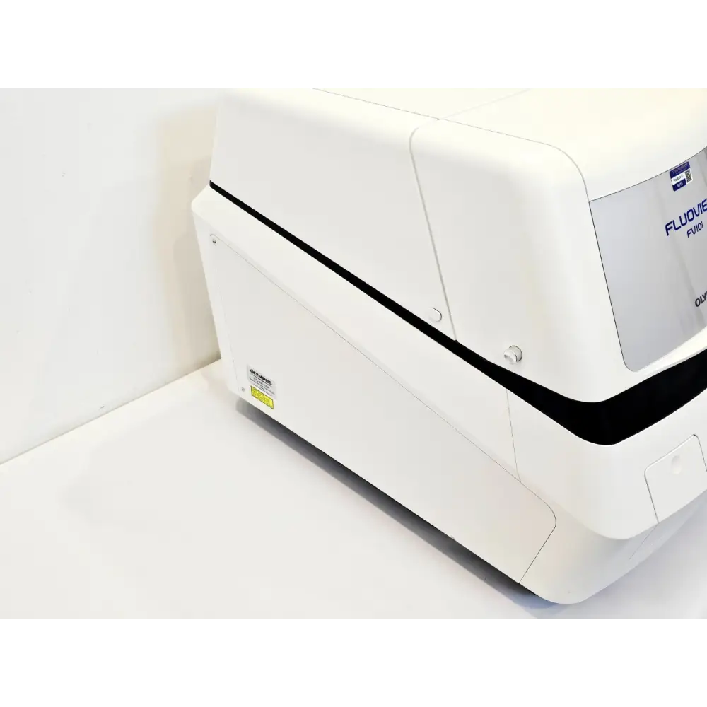 Olympus FLUOVIEW FV10i confocal microscope left side view showing housing panels and FV10i branding