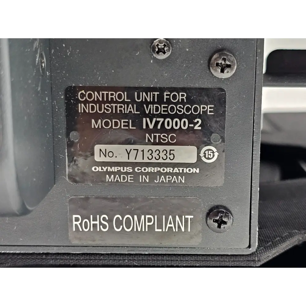 Olympus IV7000-2 serial number plate close-up: Control Unit for Industrial Videoscope, NTSC, No. Y713335