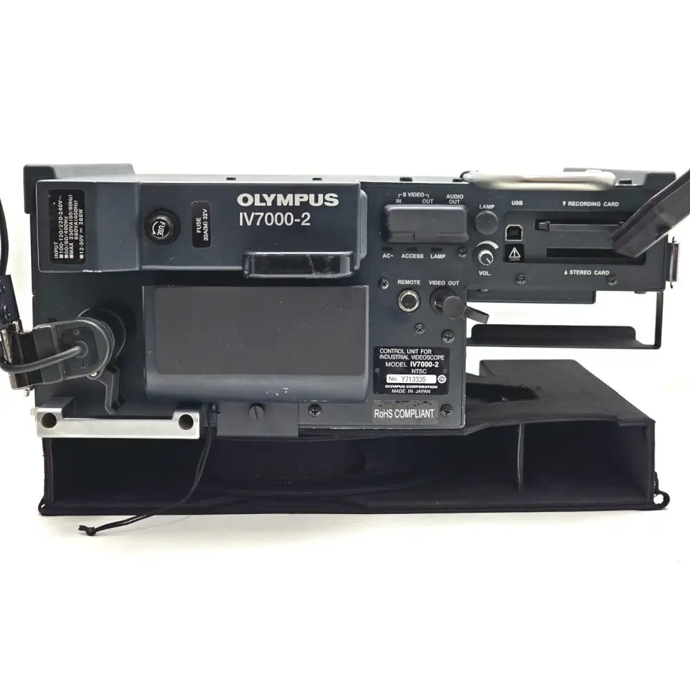 Olympus IV7000-2 NTSC CCU front panel detail with serial number Y713335 label and RoHS Compliant marking