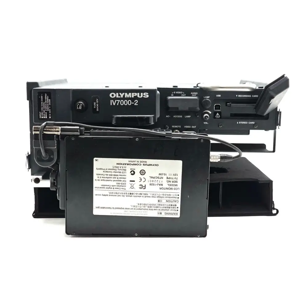 Olympus IV7000-2 control unit front panel showing S-Video, Audio Out, USB, LAMP, recording card slots
