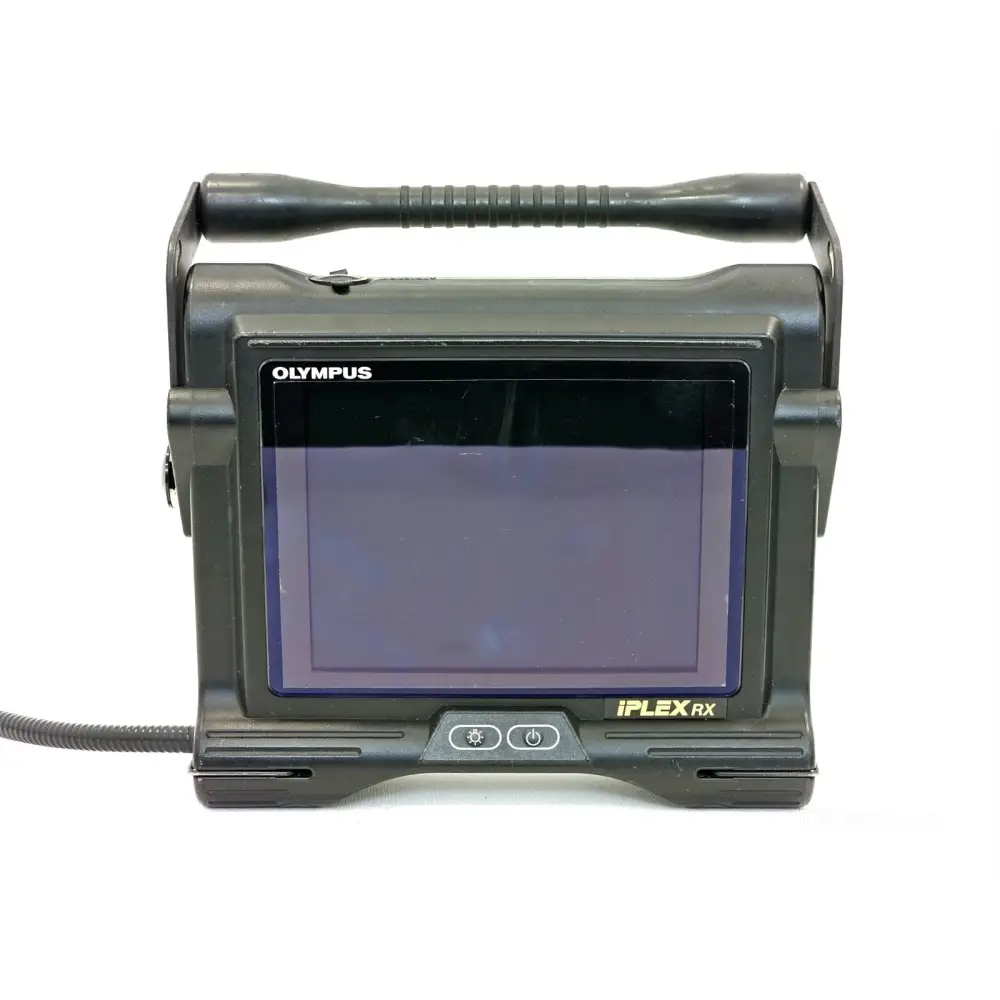 Olympus iPlex RX main unit front view showing 6.5-inch LCD monitor, Olympus branding and illumination power buttons