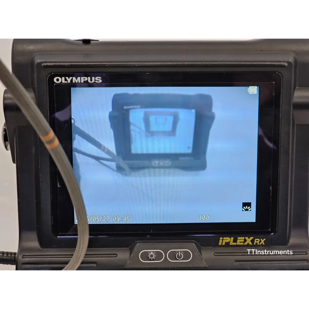 Olympus IV9635RX iPlex RX live screen showing active video feed with date/time stamp 2015/05/27 09:45