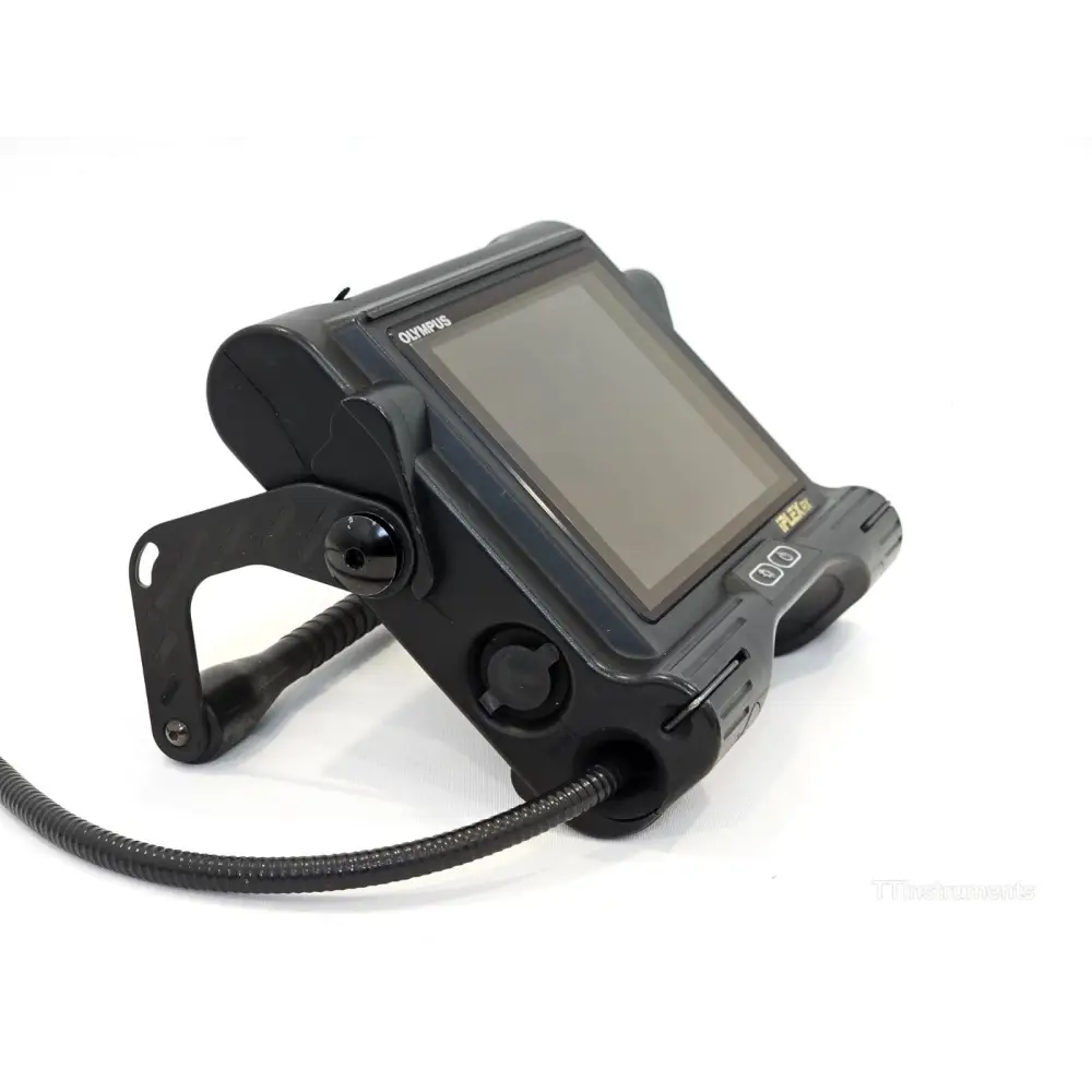 Olympus iPlex RX IV9635RX main unit bottom-angle view showing screen, control buttons, insertion tube and stand
