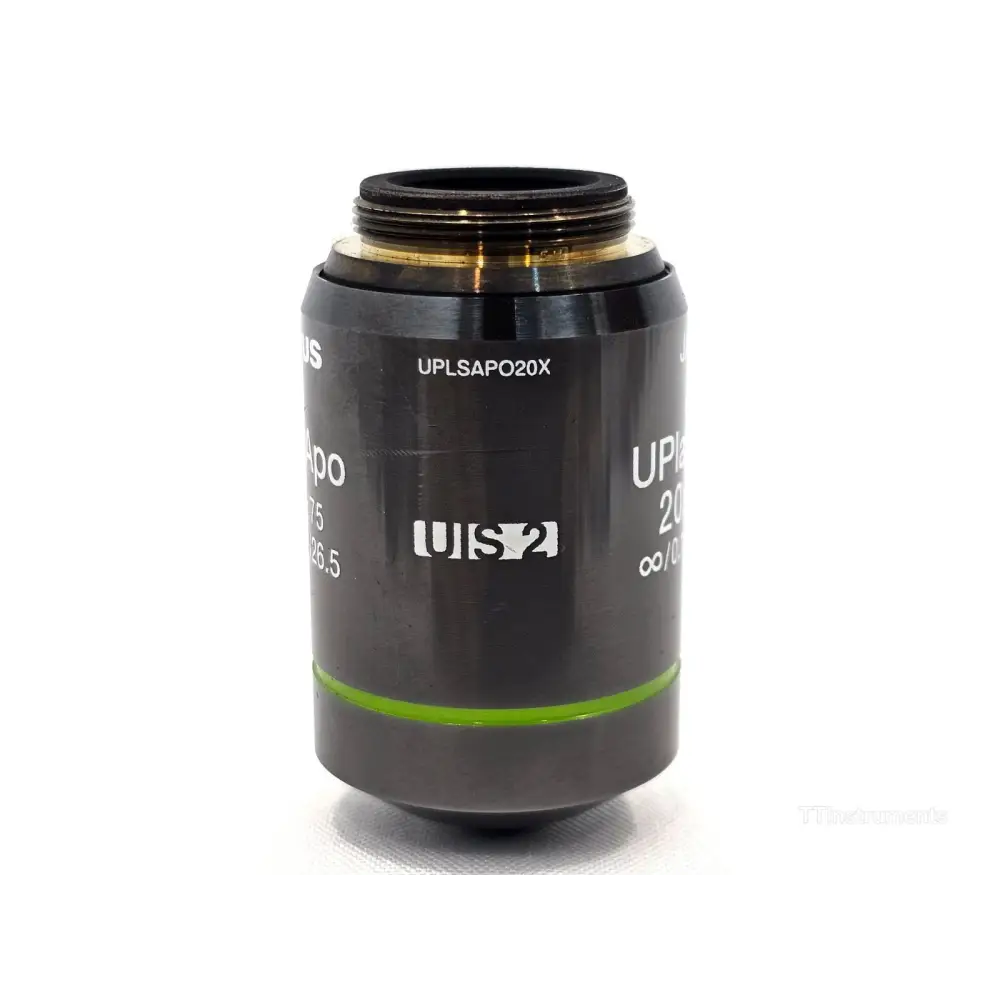 Olympus UPLSAPO20X microscope objective showing engraved magnification and NA 0.75 barrel markings