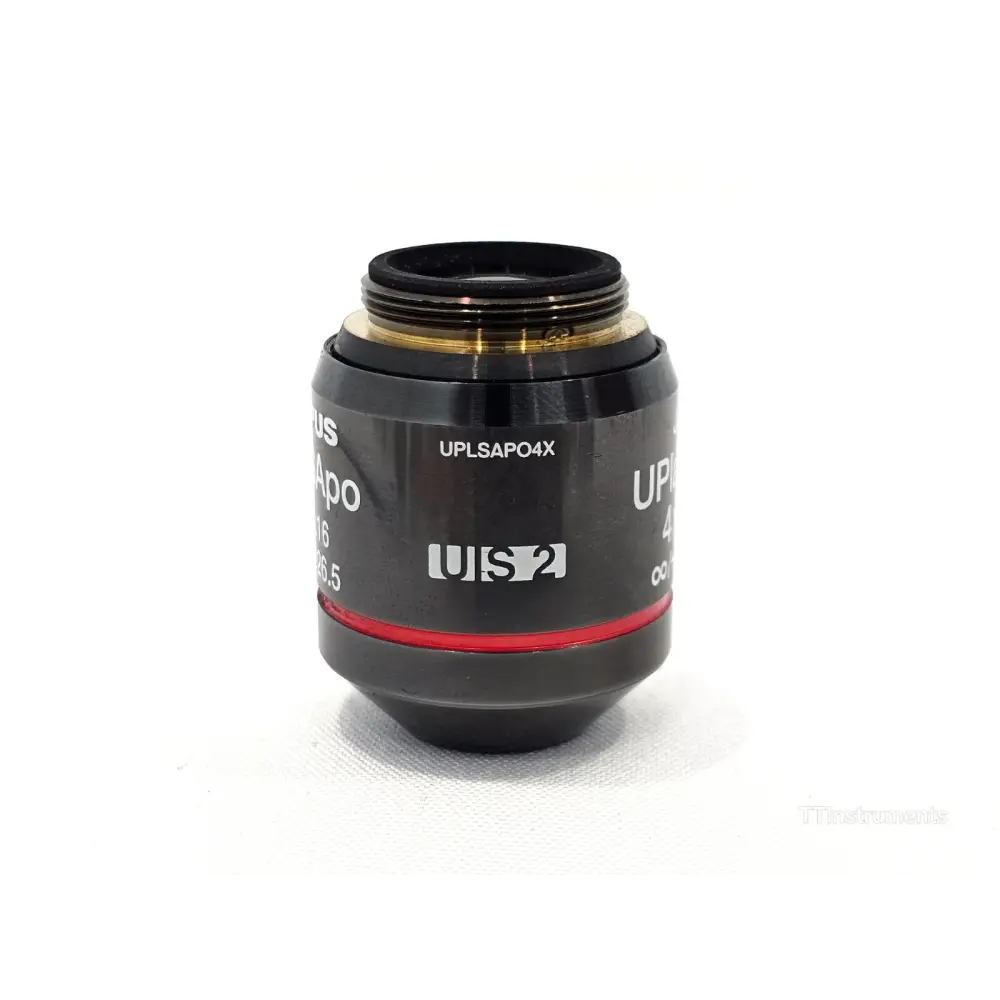 Olympus UPLSAPO4X super apochromat objective showing RMS thread mount and engraved markings