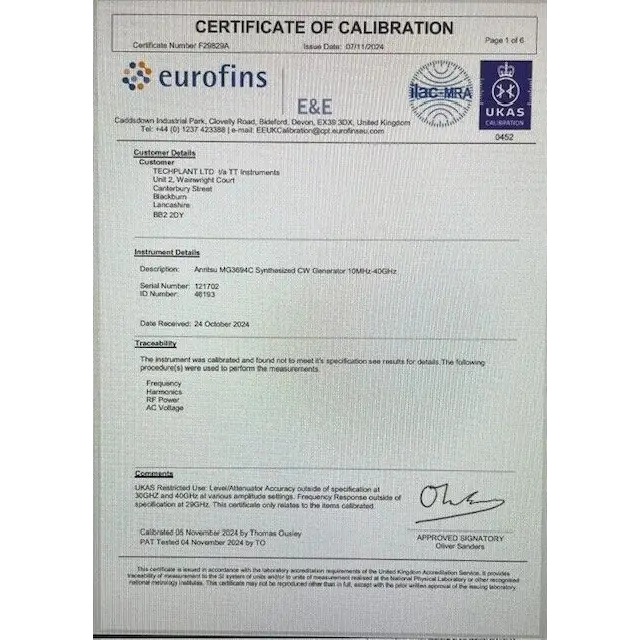 Anritsu MG3694C calibration certificate detail — attenuator and frequency response results