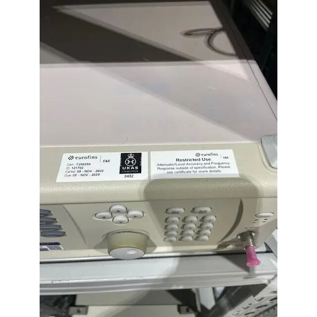 Anritsu MG3694C signal generator front panel close-up showing RF output connector and soft keys