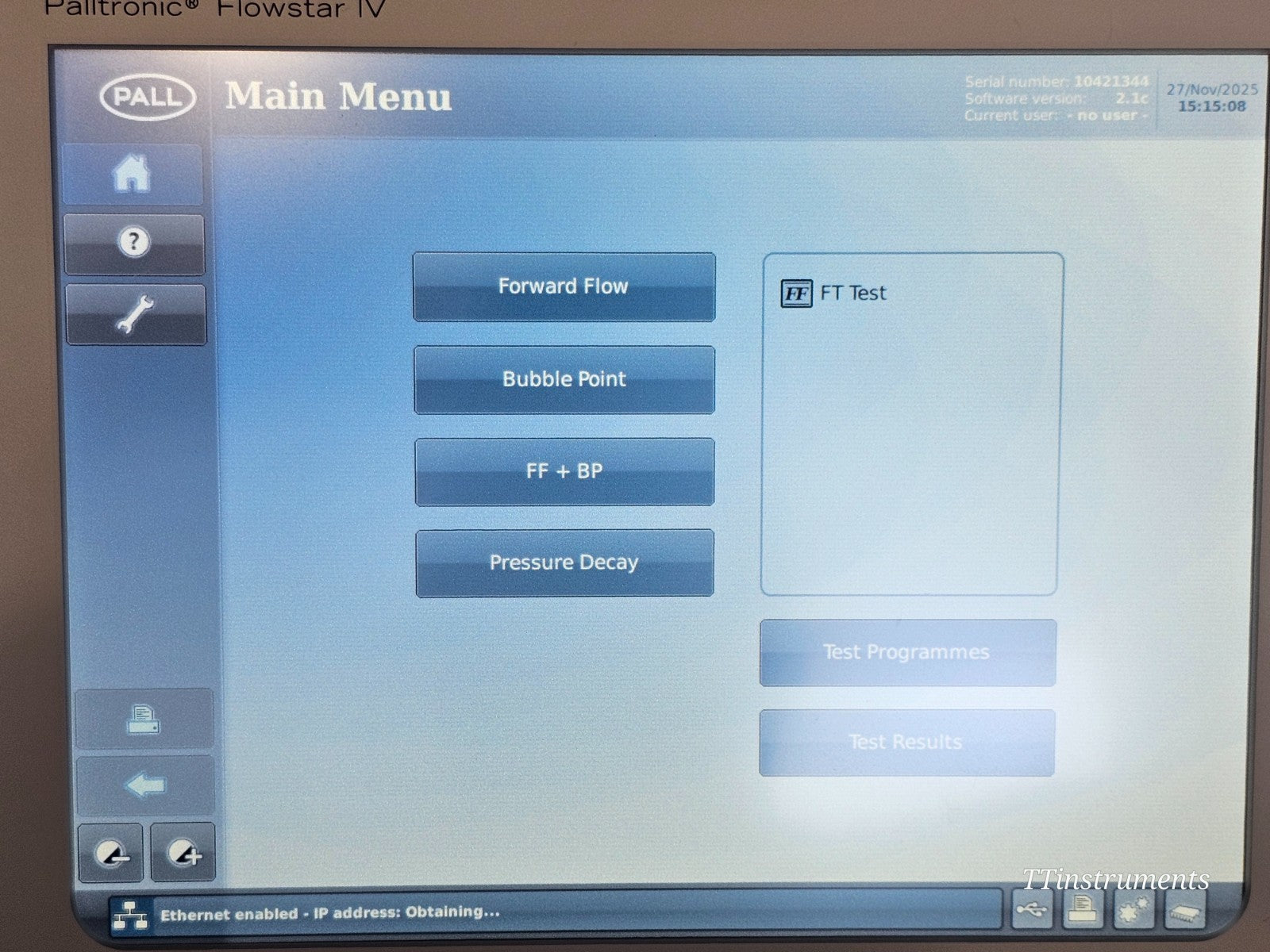 Pall FFS04 S Palltronic Flowstar IV touchscreen showing bubble point or water intrusion test screen