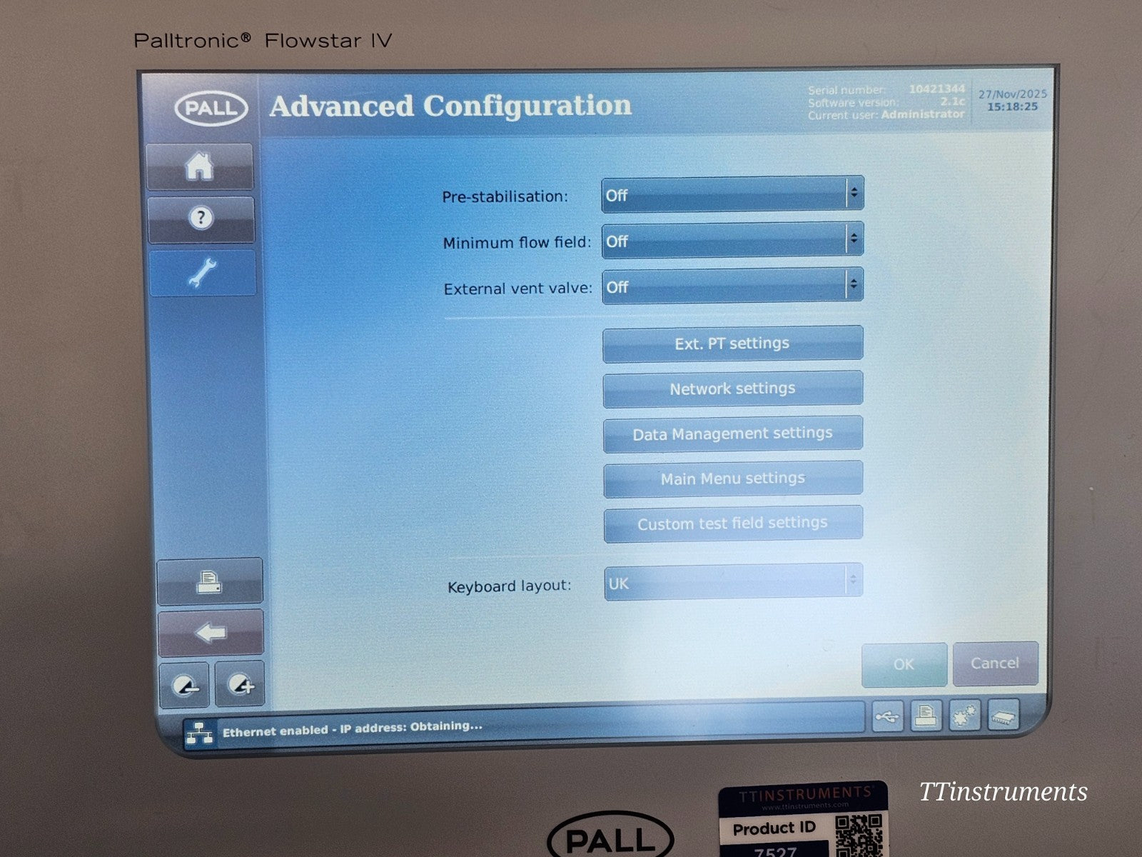 Pall FFS04 S Palltronic Flowstar IV filter integrity tester angled view highlighting touchscreen and body