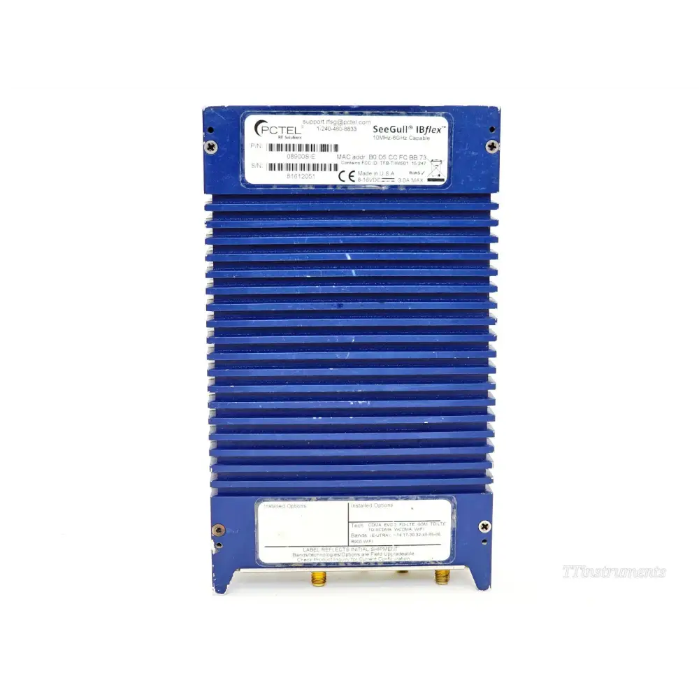 PCTEL SeeGull IBflex 08900S-E rear label showing serial number 81612051, part number 08900S-E, MAC address, and installed options sticker