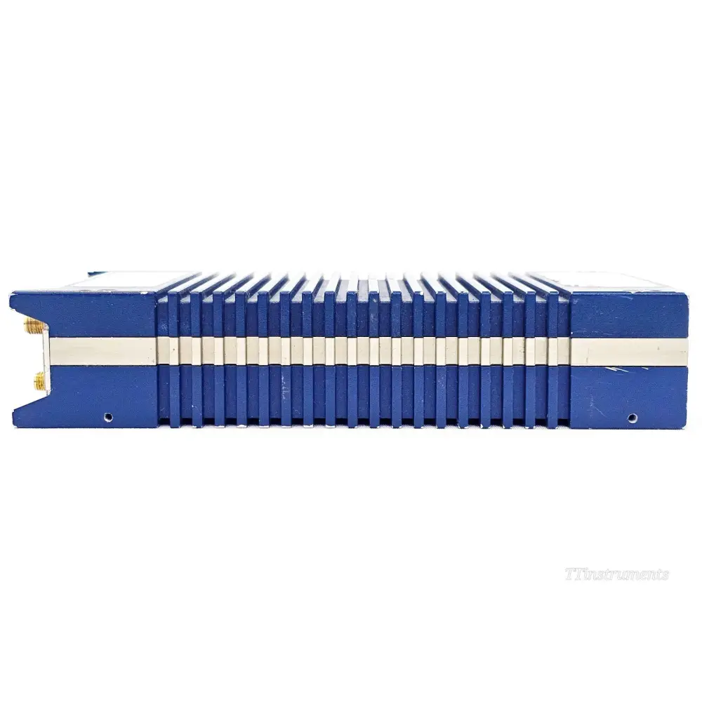 PCTEL SeeGull IBflex right side view showing blue and silver ribbed heatsink fins and SMA connectors at the bottom corner