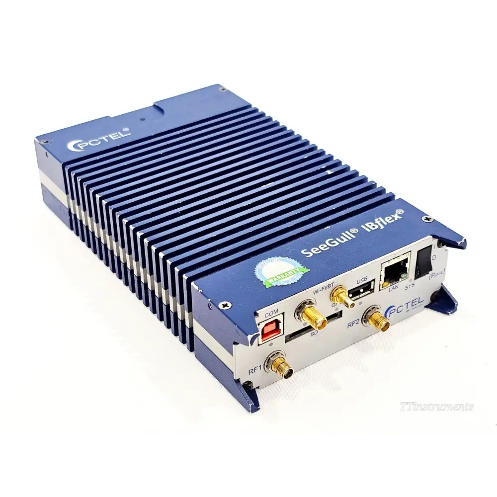 PCTEL SeeGull IBflex 08900S-E scanning receiver front panel angled view showing RF1, RF2, SD, USB, LAN, Wi-Fi/BT and SYS ports