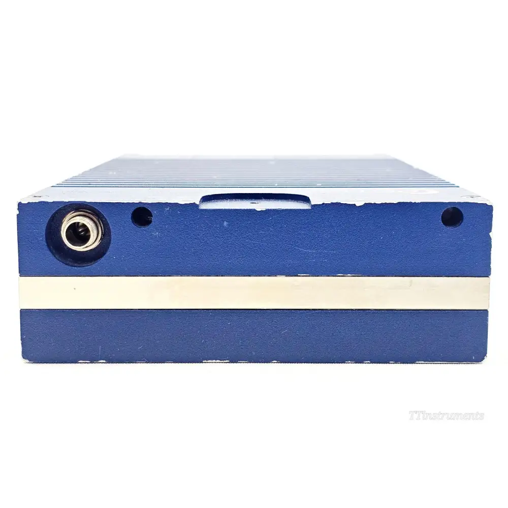 PCTEL SeeGull IBflex left side view showing DC power input connector and blue ribbed aluminium heatsink chassis