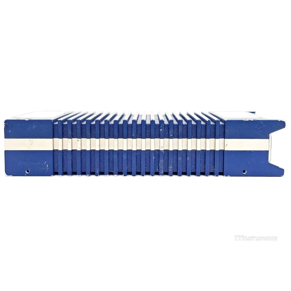 PCTEL SeeGull IBflex left side view showing blue and silver ribbed aluminium heatsink fins with minor paint wear visible