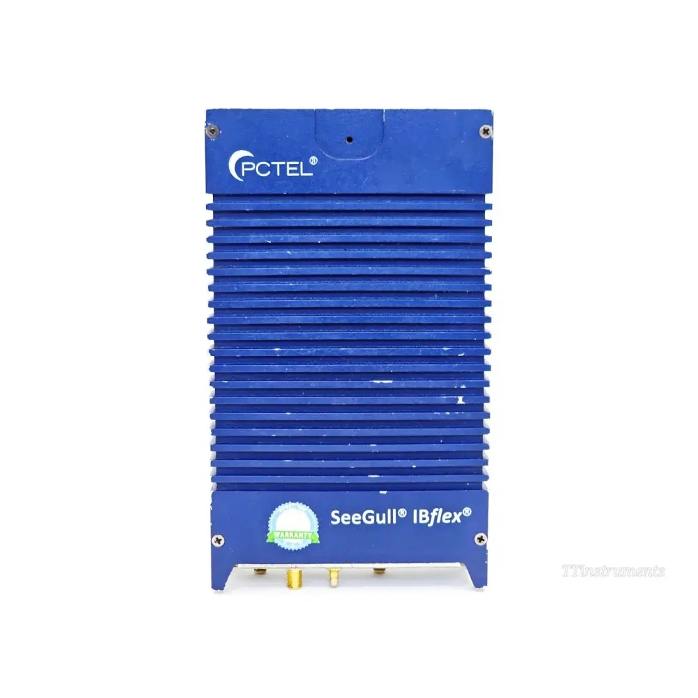 PCTEL SeeGull IBflex 08900S-E rear top view showing PCTEL branding, SeeGull IBflex label and warranty badge with wear to blue finish