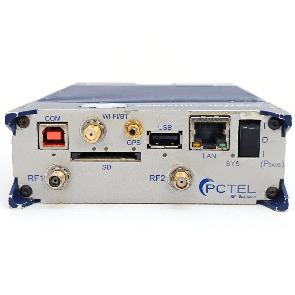 PCTEL SeeGull IBflex front panel showing COM, Wi-Fi/BT, GPS, USB, SD, LAN, RF1, RF2 connectors and power switch