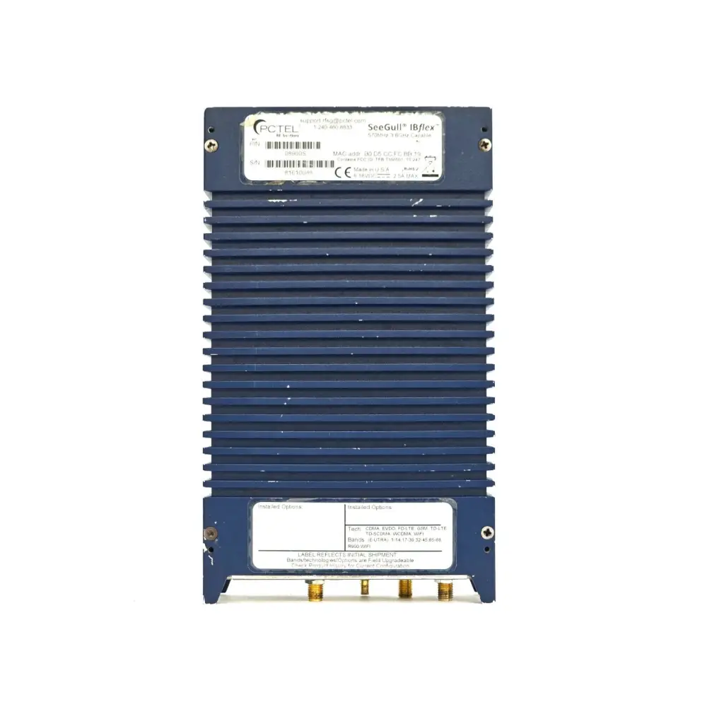 PCTEL SeeGull IBflex 08900S unit serial label showing ESN and device type information