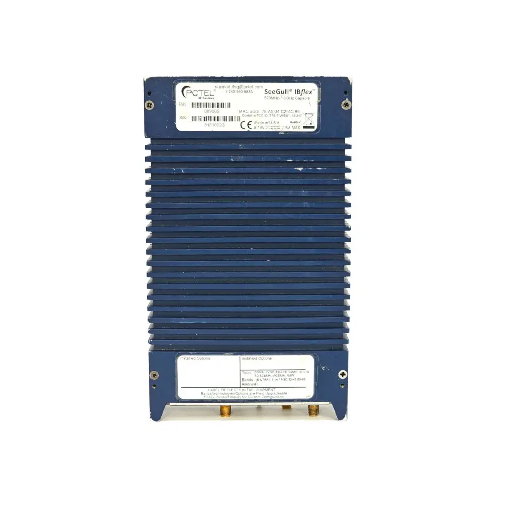 PCTEL SeeGull IBflex base label showing 570 MHz–1.8 GHz spec, S/N 81610023, installed options including LTE CDMA GSM and Wi-Fi