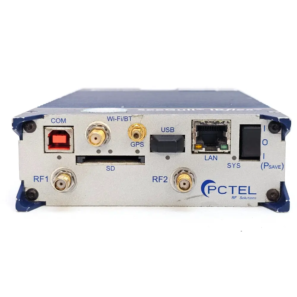 PCTEL SeeGull IBflex front panel showing COM, Wi-Fi/BT, GPS, USB, LAN, SD card slot, RF1, RF2 ports and power switch