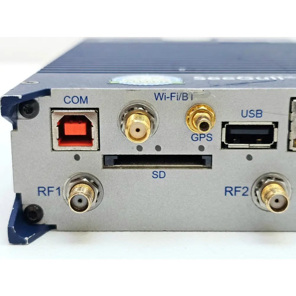 PCTEL SeeGull IBflex close-up of connector panel showing COM, Wi-Fi/BT, GPS SMA, USB, SD card slot, RF1 and RF2 SMA ports