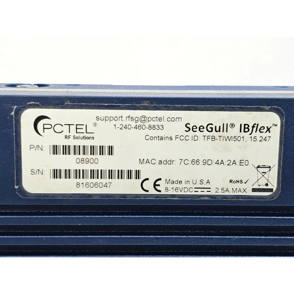 PCTEL SeeGull IBflex 08900 unit label and ESN identification detail close-up