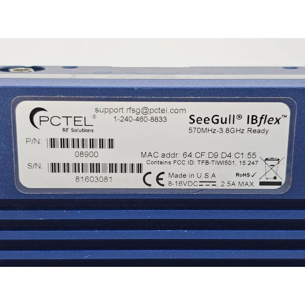 PCTEL SeeGull IBflex unit label showing ESN serial number and calibration information