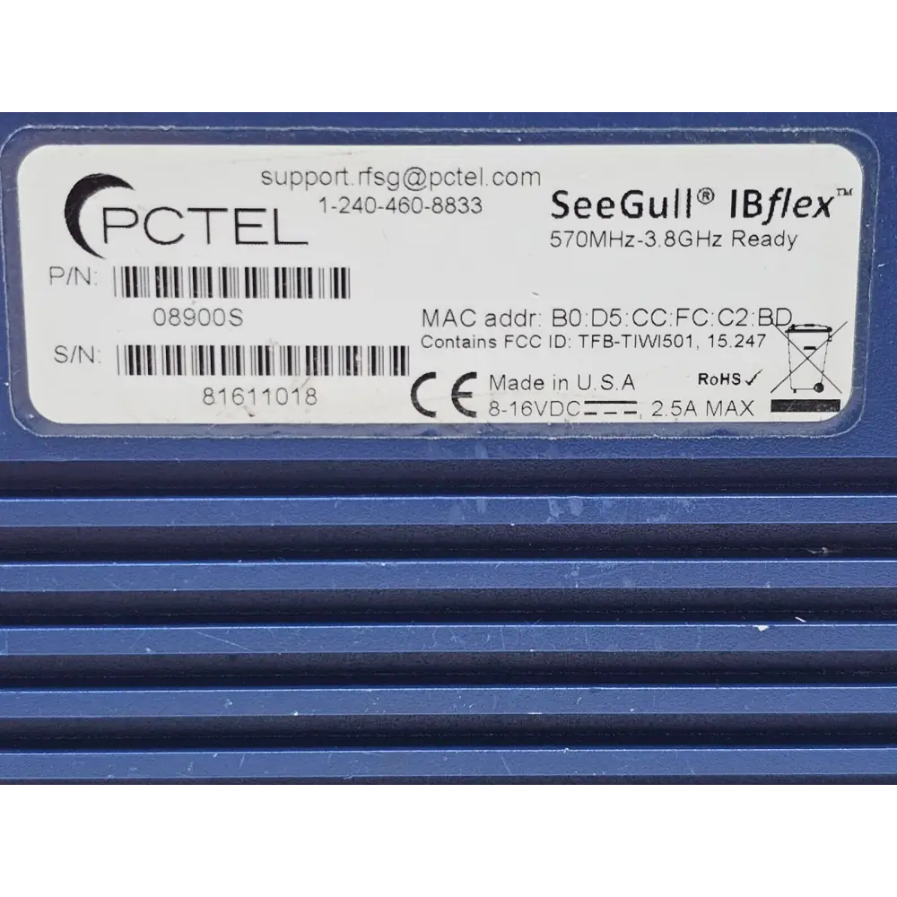 PCTEL IBflex 08900S installed options list on device screen showing LTE blind scan enabled