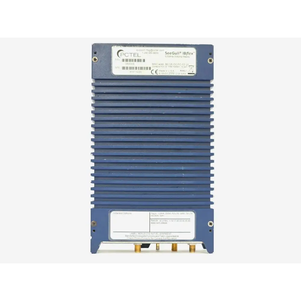 PCTEL SeeGull IBflex 08900S base label showing part number, serial number, installed options and bands including LTE and WCDMA