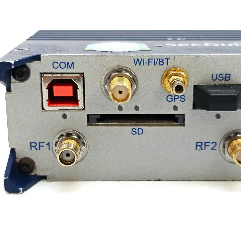 PCTEL SeeGull IBflex 08900S close-up of connector panel showing COM, Wi-Fi/BT, GPS SMA, USB, SD card slot, RF1 and RF2 ports