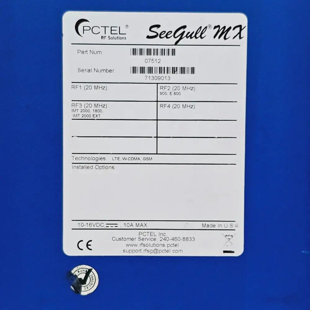 PCTEL SeeGull MX close-up of rear specification label showing RF ports, band config, 10-16VDC, CE RoHS markings