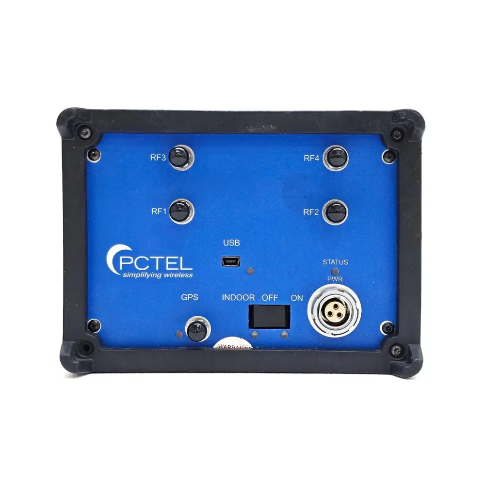 PCTEL SeeGull MX scanning receiver front view showing SMA antenna ports and Indoor/Outdoor switch