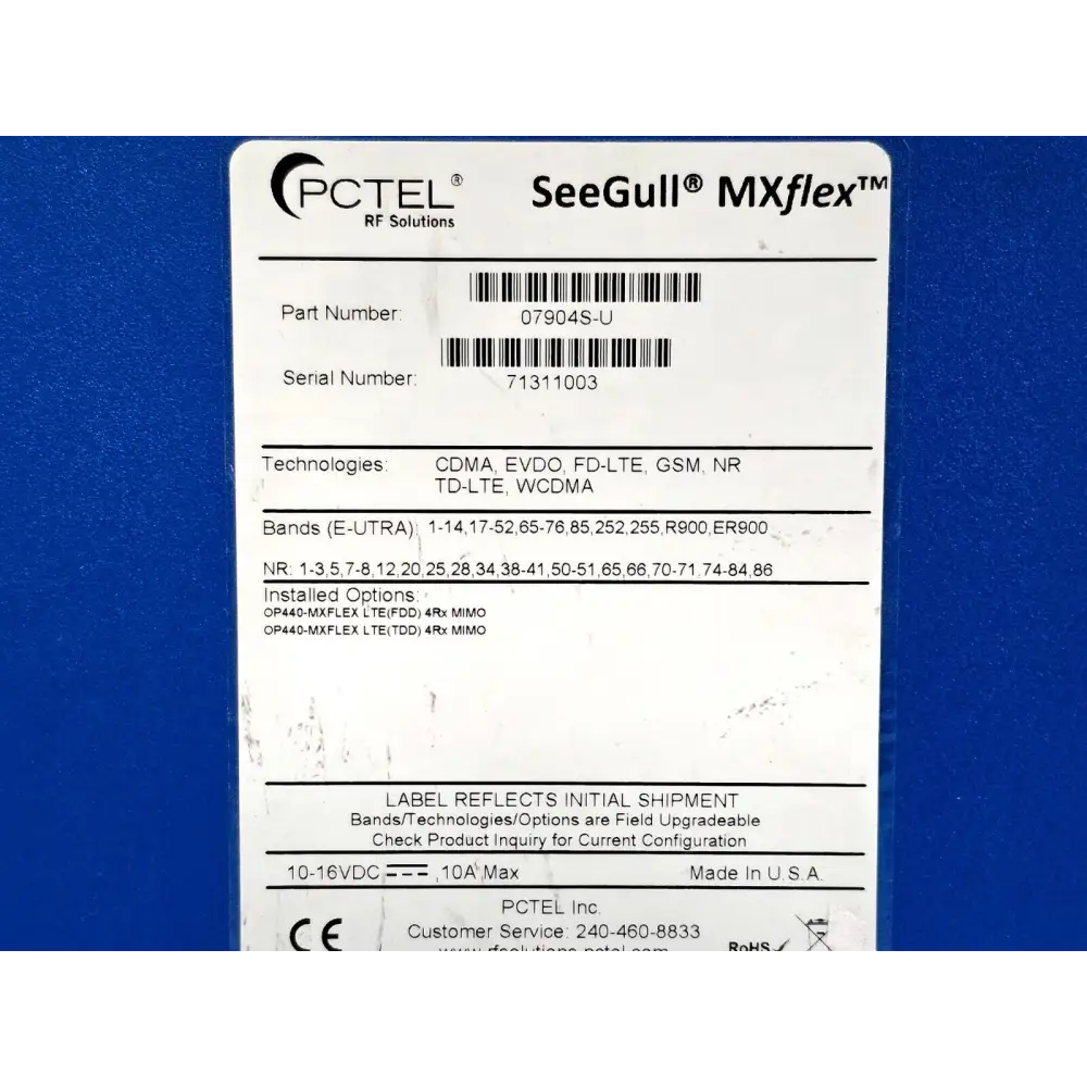 PCTEL MXflex protocol and band summary screen showing LTE 336 bands and NR 48 bands active