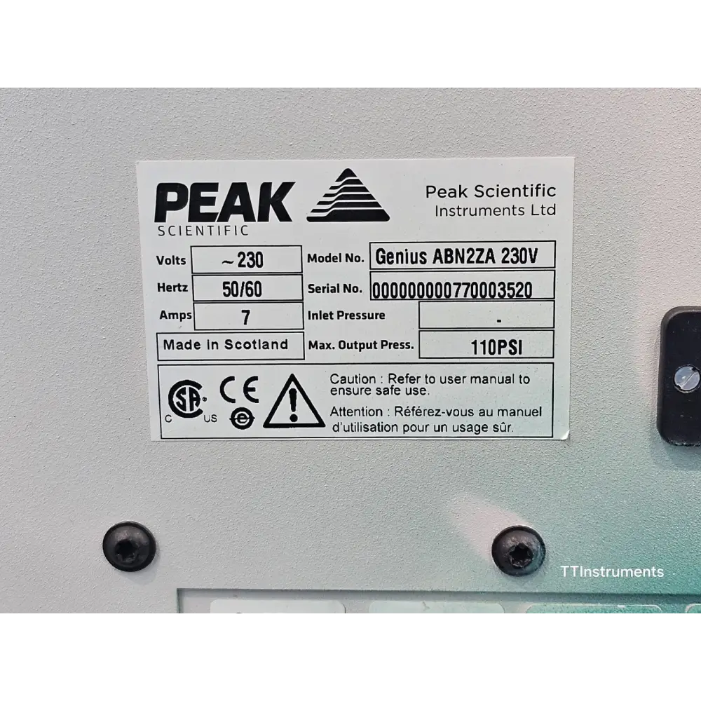 Peak Scientific Genius ABN2ZA gas output ports close-up