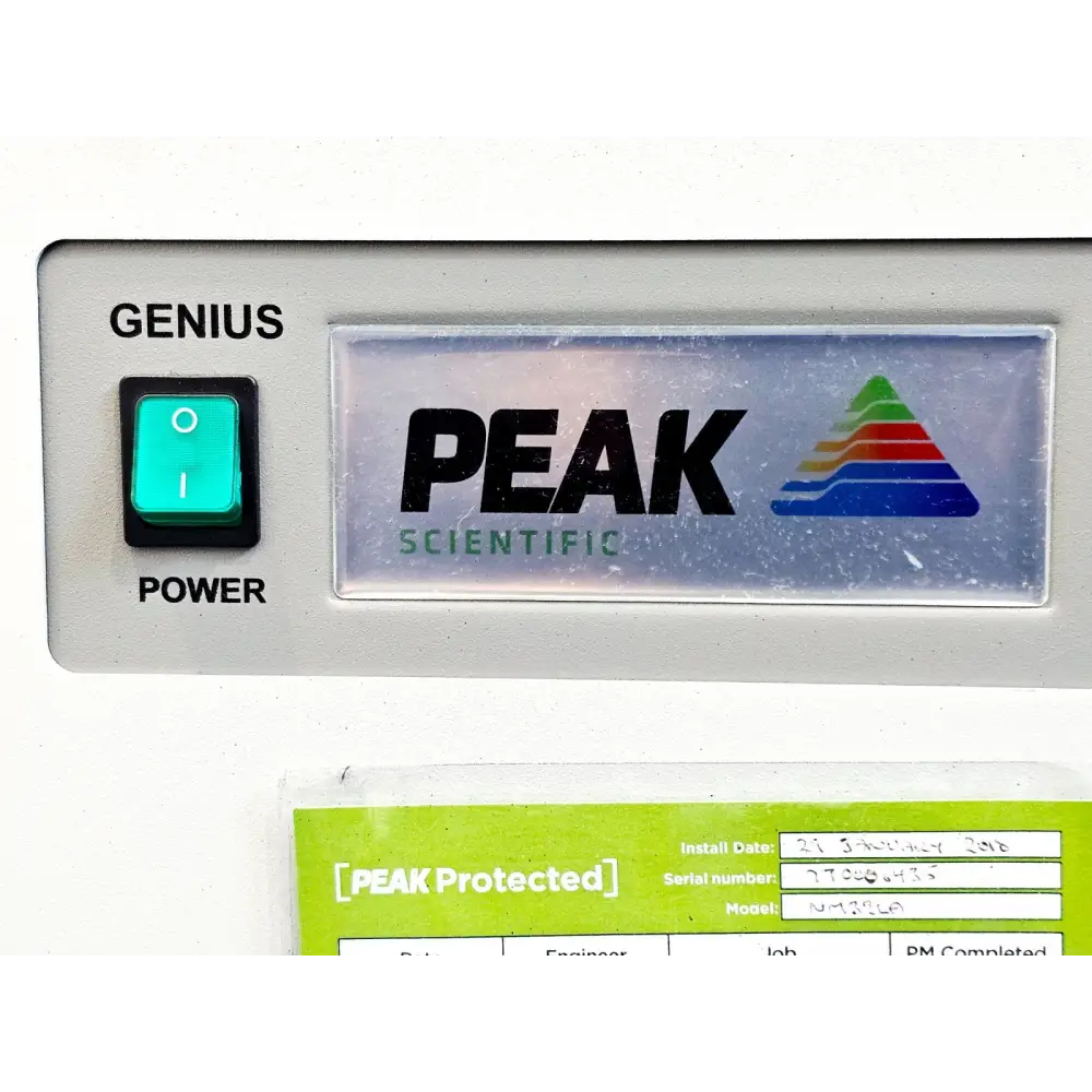 Peak Scientific Genius NM32LA manufacturer label showing model number and serial details
