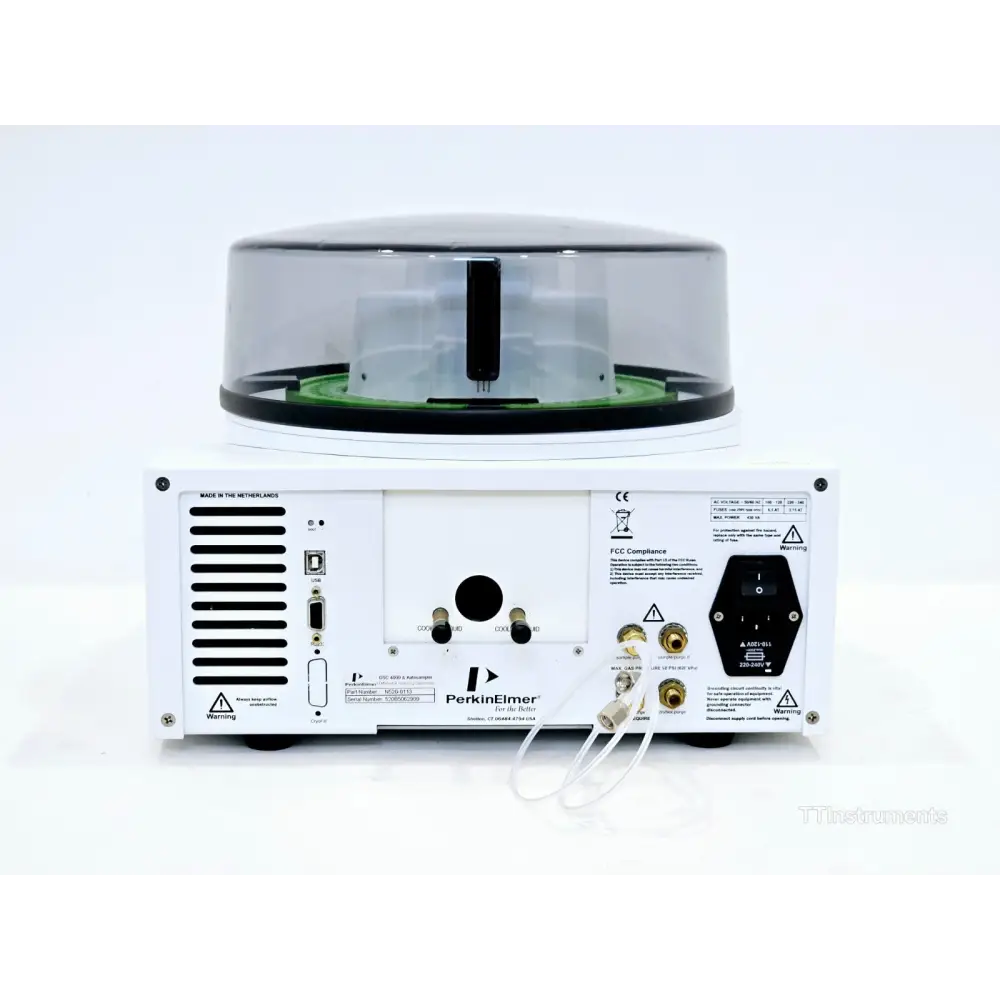 PerkinElmer DSC 4000 rear panel showing USB, RS-232, CryoFill, cooling liquid ports, gas fittings and serial label