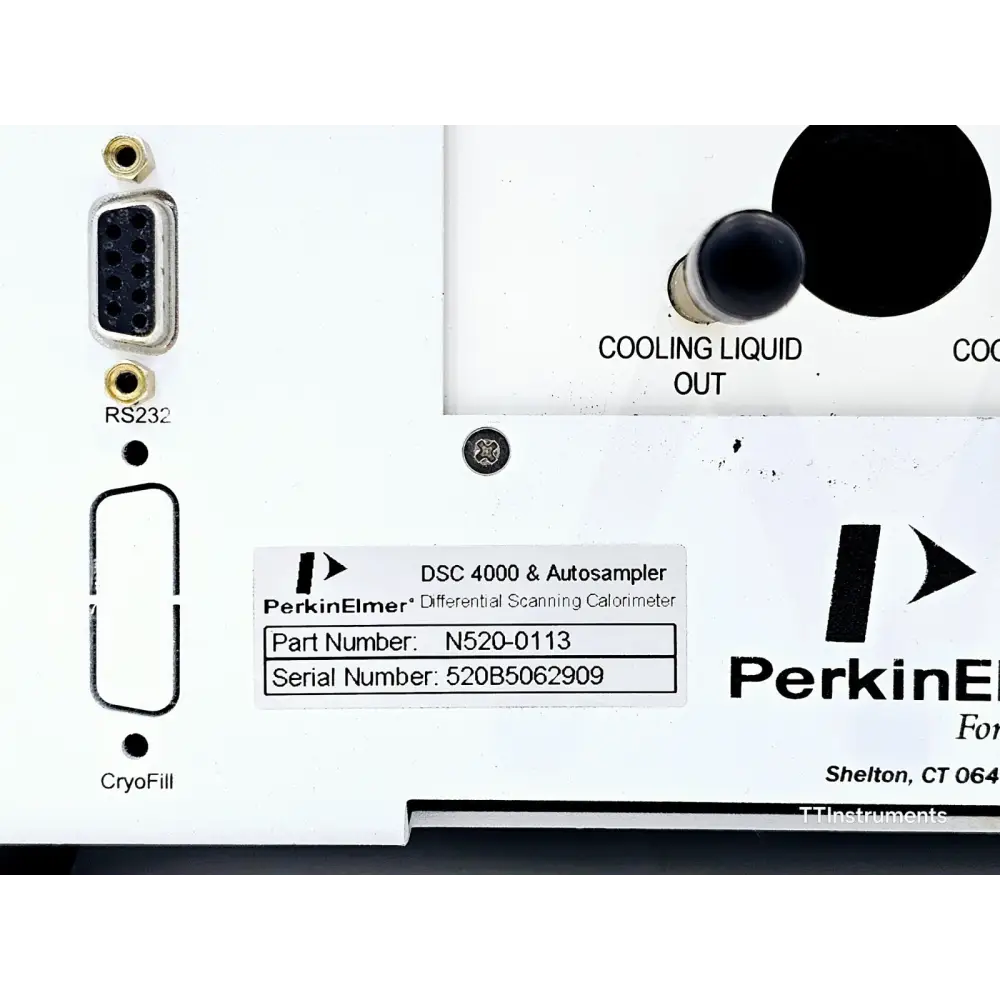 PerkinElmer DSC 4000 rear identification label showing Part Number N520-0113, Serial Number 520B5062909 and RS-232 port