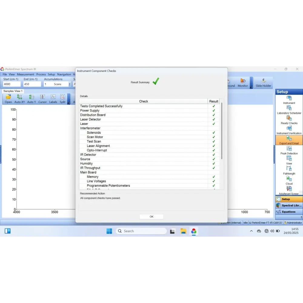 PerkinElmer Spectrum TWO LITA self-test results screen confirming passed status