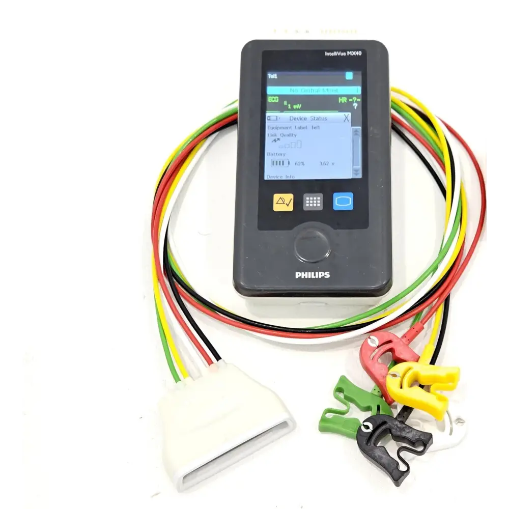 Philips IntelliVue MX40-2B4 wearable patient monitor front view showing display and controls